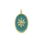 Breloque médaille ovale motif soleil résine époxy 14.5x8mm Doré Or Fin turquois x1
