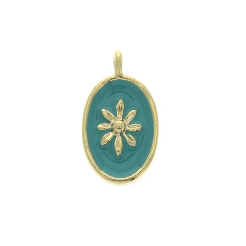 Breloque médaille ovale motif soleil résine époxy 14.5x8mm Doré Or Fin turquois x1