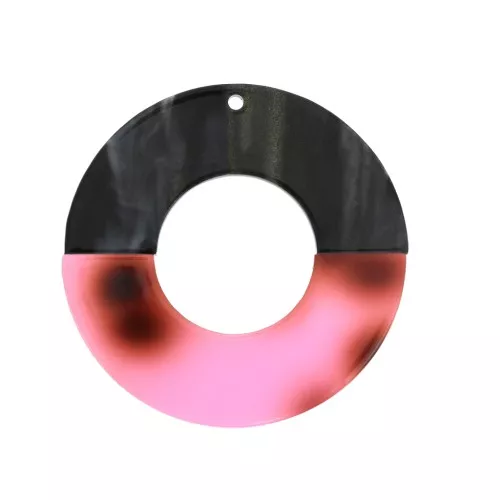 Pendentif rond bicolore en acétate de cellulose 45mm Noir Marbré/Rose x1