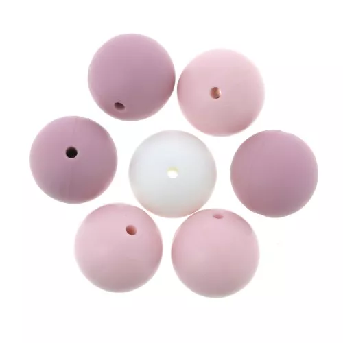 Perles en silicone 15 mm pour attache sucette/tétine - Multi Rose / Blanc x7