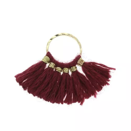 Mini pendentif éventail pompons imitation coton 15x20 mm Bordeaux - Doré x1
