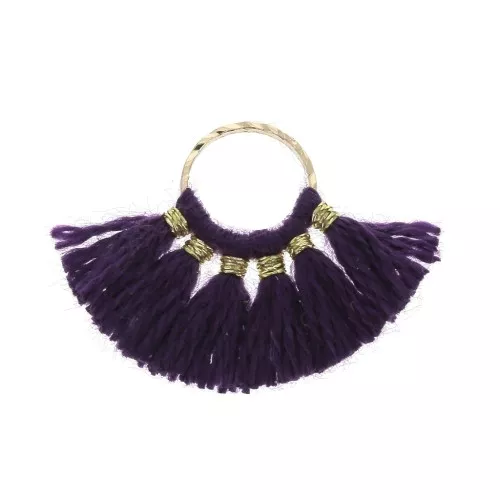 Mini pendentif éventail pompons imitation coton 15x20 mm Aubergine - Doré x1
