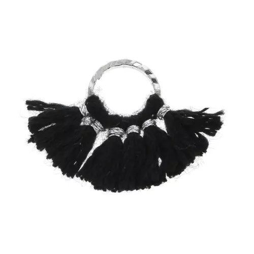Mini pendentif éventail pompons imitation coton 15x20 mm Noir - Argenté x1