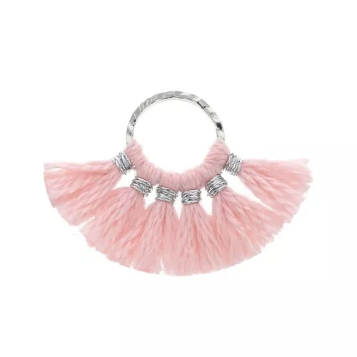 Mini pendentif éventail pompons imitation coton 15x20 mm Rose - Argenté x1