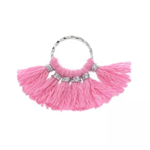 Mini pendentif éventail pompons imitation coton 15x20 mm Rose Vif - Argenté x1