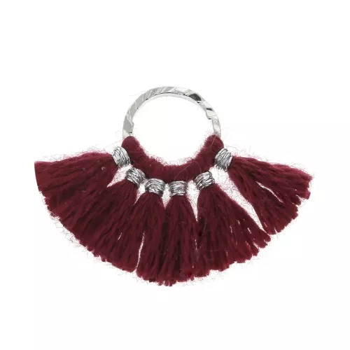 Mini pendentif éventail pompons imitation coton 15x20 mm Bordeaux - Argenté x1