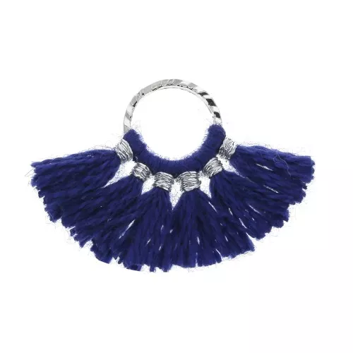 Mini pendentif éventail pompons imitation coton 15x20 mm Bleu Marine - Argenté x1