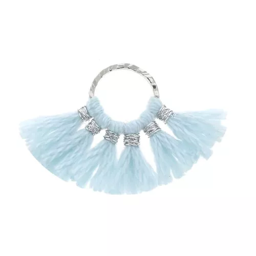 Mini pendentif éventail pompons imitation coton 15x20 mm Bleu Ciel - Argenté x1