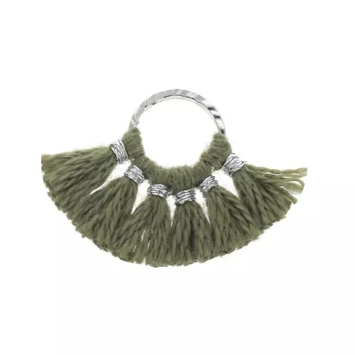 Mini pendentif éventail pompons imitation coton 15x20 mm Kaki - Argenté x1