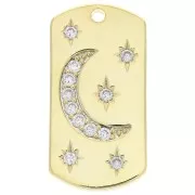 Pendentif plaque rectangle arrondie lune et étoiles en oxyde de zirconium 27.5x13.5mm Doré x1
