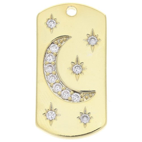Pendentif plaque rectangle arrondie lune et étoiles en oxyde de zirconium 27.5x13.5mm Doré x1
