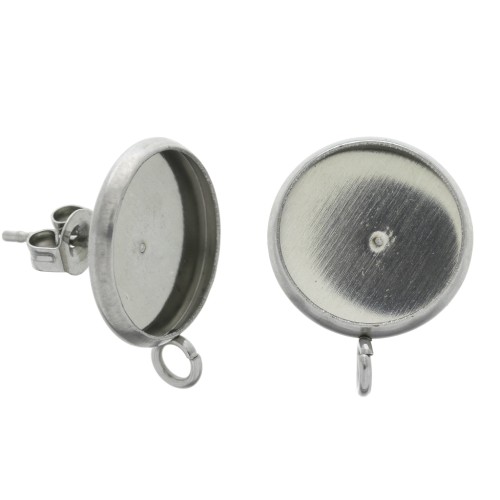 Clous d'oreilles pour cabochon fond plat 12 mm 1 anneau en Acier inox x2