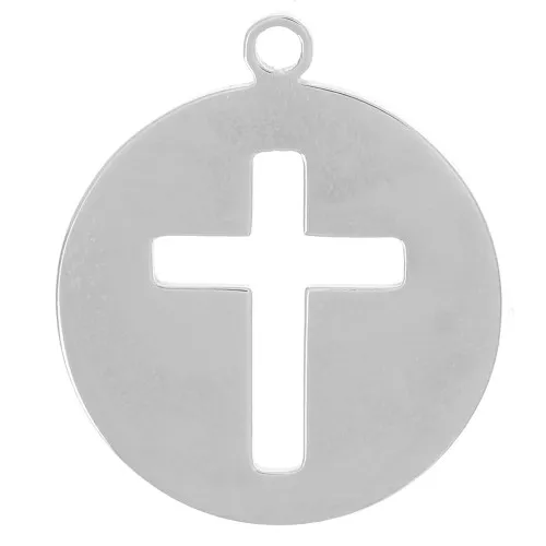Breloque ronde croix évidée 12 mm en Acier inoxydable 316L x1