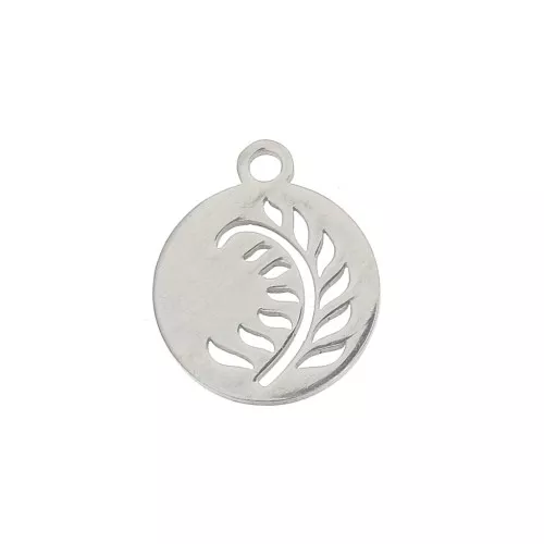 Breloque ronde feuille évidée 12 mm en Acier inoxydable x1