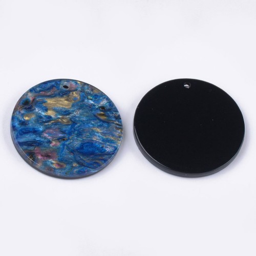 Pendentif rond en acétate de cellulose 28 mm - Marbré Bleu - Doré x1