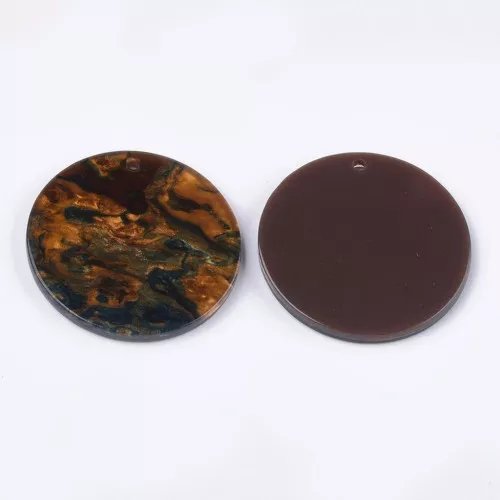Pendentif rond en acétate de cellulose 28 mm - Marbré Marron - Bleu x1