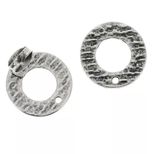 Clous d'oreilles ronds texturés évidés à décorer en zamac 16mm Placage Argent fin vieilli x2