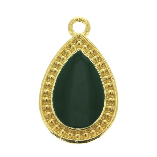 Pendentif goutte travaillé en zamac et résine époxy 21x12 mm Doré à l'or fin- Vert sapin x1