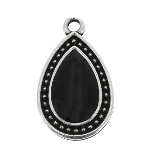 Pendentif goutte travaillé avec résine époxy 21x12 mm Argenté vieilli - Noir x1
