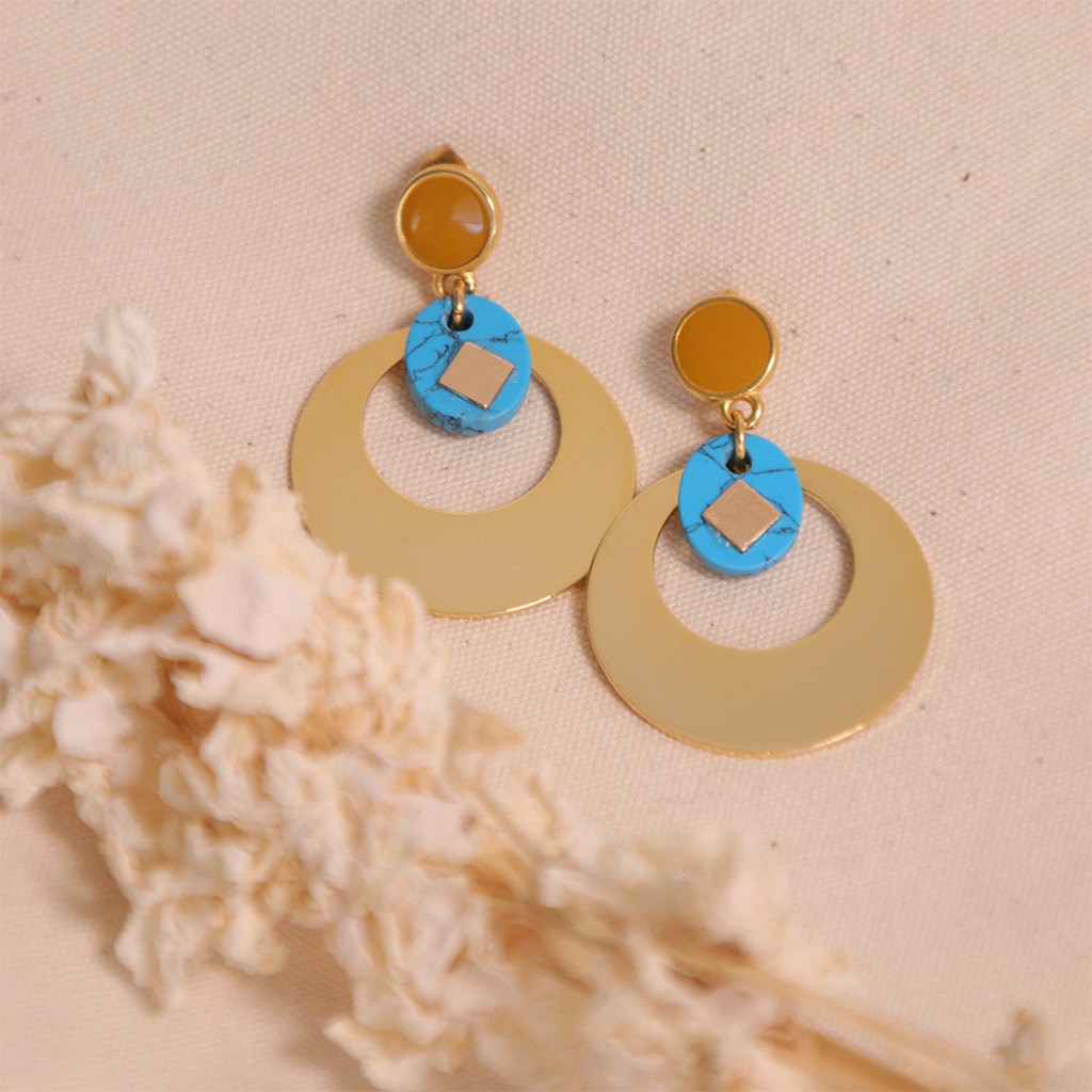 Boucles D'oreilles Ronds Résine Vert Et Doré - Garanti Sans Nickel, Neuves Avec étiquettes