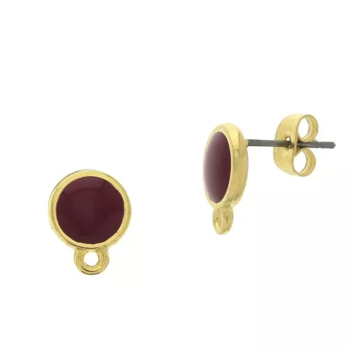Clous d'oreilles rond en résine époxy 11.5x9 mm - Doré à l'or fin - Bordeaux x2