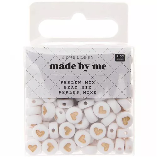 Assortiment de 165 perles plates rondes - coeurs 7 mm - Blanc - Doré