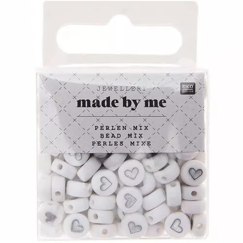Assortiment de 165 perles plates rondes - coeurs 7 mm - Blanc - Argenté