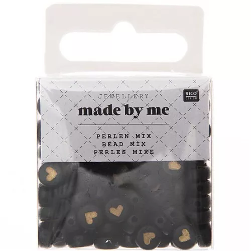 Assortiment de 165 perles plates rondes - coeurs 7 mm - Noir - Doré