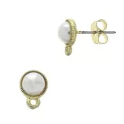 Clous d'oreilles ronds avec perle imitation nacre et anneaux 10x7mm Blanc -Doré à l'or fin x2