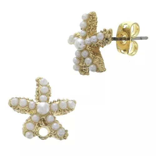 Clous d'oreilles étoiles de mer avec perles imitation nacre 12 mm Blanc - Doré à l'or fin x2