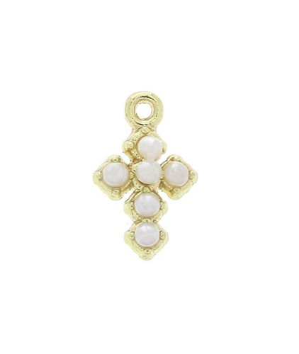 Mini breloque croix en zamac avec perles imitation nacre 10x6 mm - Blanc - Doré x1