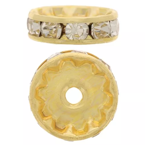 Perle rondelle Strass 8 mm doré/Crystal  x1