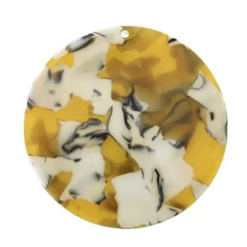 Pendentif rond en acétate de cellulose 35 mm - Ecaille de tortue Ocre - Blanc x1