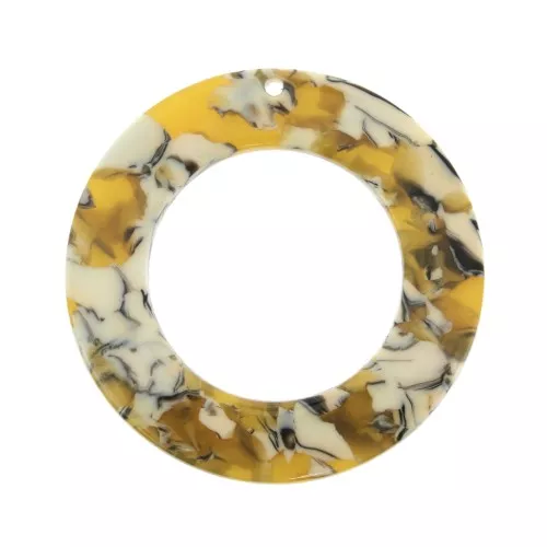 Pendentif rond évidé en acétate 40 mm - Ecaille de tortue Ocre - Blanc x1