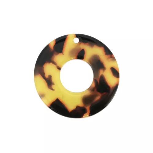 Pendentif rond évidé en acétate 26 mm Ecaille de tortue - Marron - Noir x1