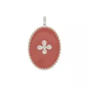 Breloque ovale motif croix en résine époxy 14x8.5 mm Placage argent fin - Corail x1