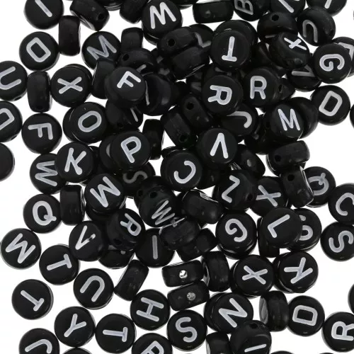 Assortiment de 200 perles plates lettres alphabet 7 mm - Noir - Blanc