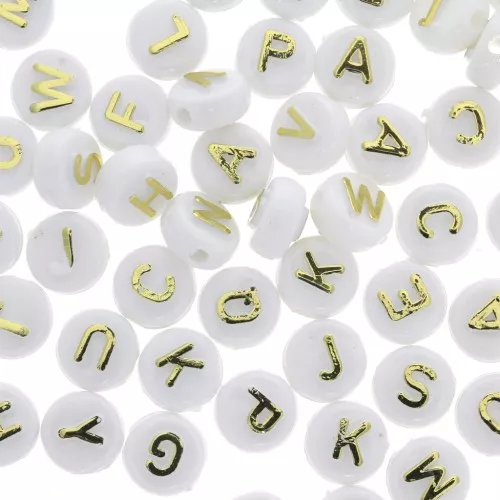 Assortiment 200 perles plates lettres alphabet en relief 9.5 mm Blanc -Doré