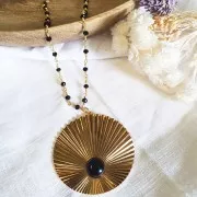 Pendentif rond effet plissé 48x45mm - cabochon fond plat 10mm - Doré à l'or fin x1