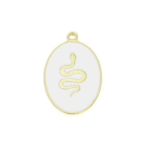 Breloque ovale motif serpent - résine époxy Blanc - 17x11 mm - Argent 925 Doré x1