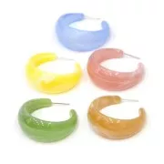 Créoles larges demi-lunes - effet marbré - en acrylique 38 mm - Bleu - Blanc x2