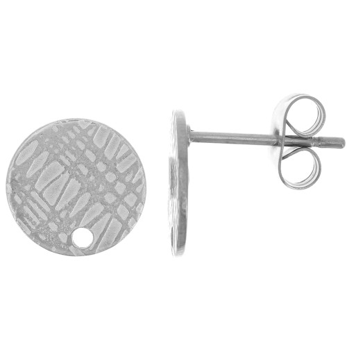 Clous d'oreilles disque texturé 10 mm avec un trou - Acier inoxydable x2