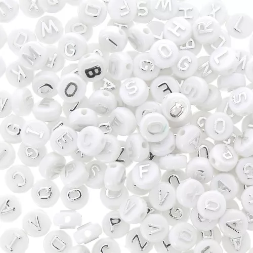 Assortiment de 200 perles plates lettres alphabet en relief 9.5 mm Blanc - Argenté