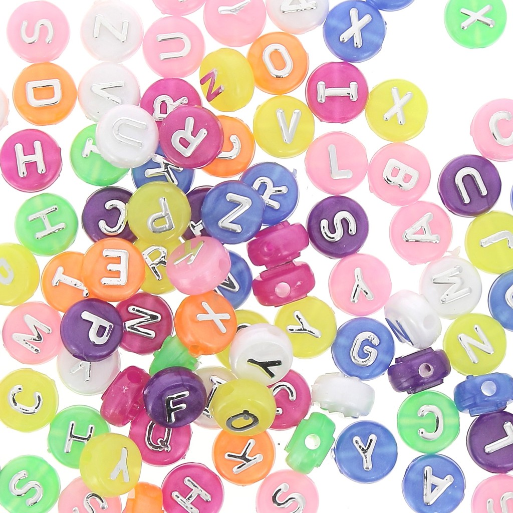 Assortiment 100 Perles Lettres Alphabet Rondes En Relief 9 5mm Multicolore Argente Perles Co