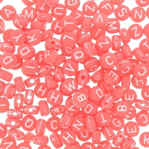 Assortiment de 200 perles plates - lettres alphabet 7 mm - Corail - Blanc