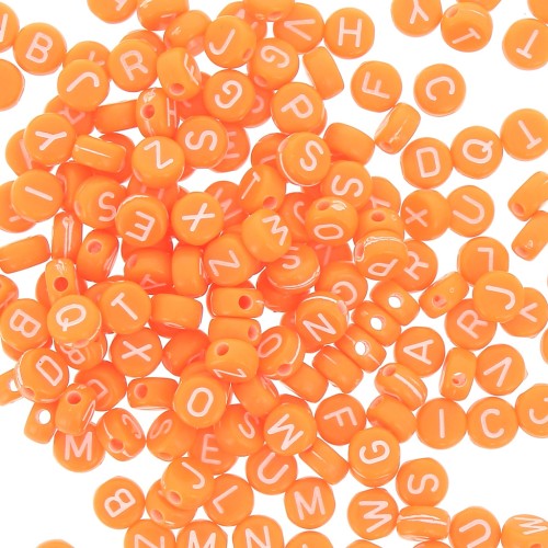 Assortiment de 200 perles plates - lettres alphabet 7 mm - Orange - Blanc