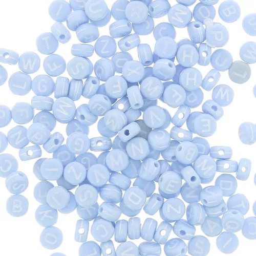 Assortiment de 200 perles plates lettres alphabet 7 mm Bleu pastel - Blanc