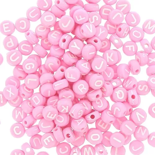 Assortiment de 200 perles plates lettres alphabet 7 mm - Rose - Blanc