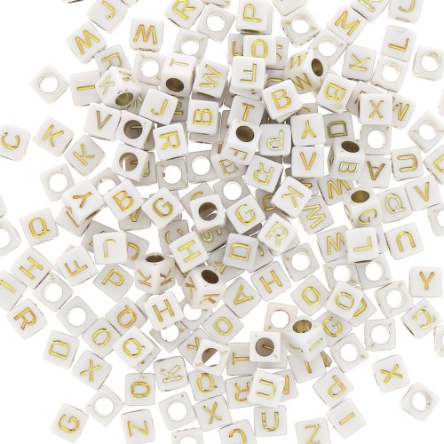 Assortiment de 200 perles lettres alphabet cubes 6 mm - Blanc - Doré