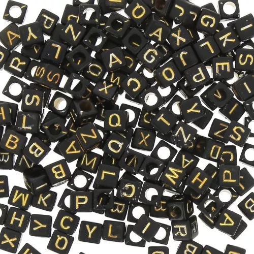 Assortiment de 200 perles lettres alphabet cubes 6 mm - Noir - Doré